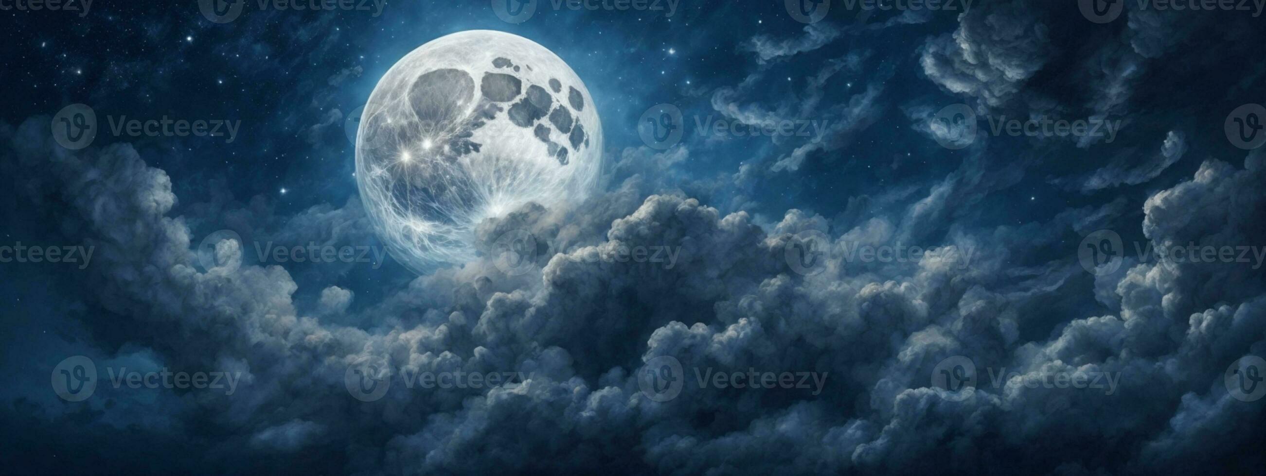 Romantic Moon In Starry Night Over Clouds. AI generated photo