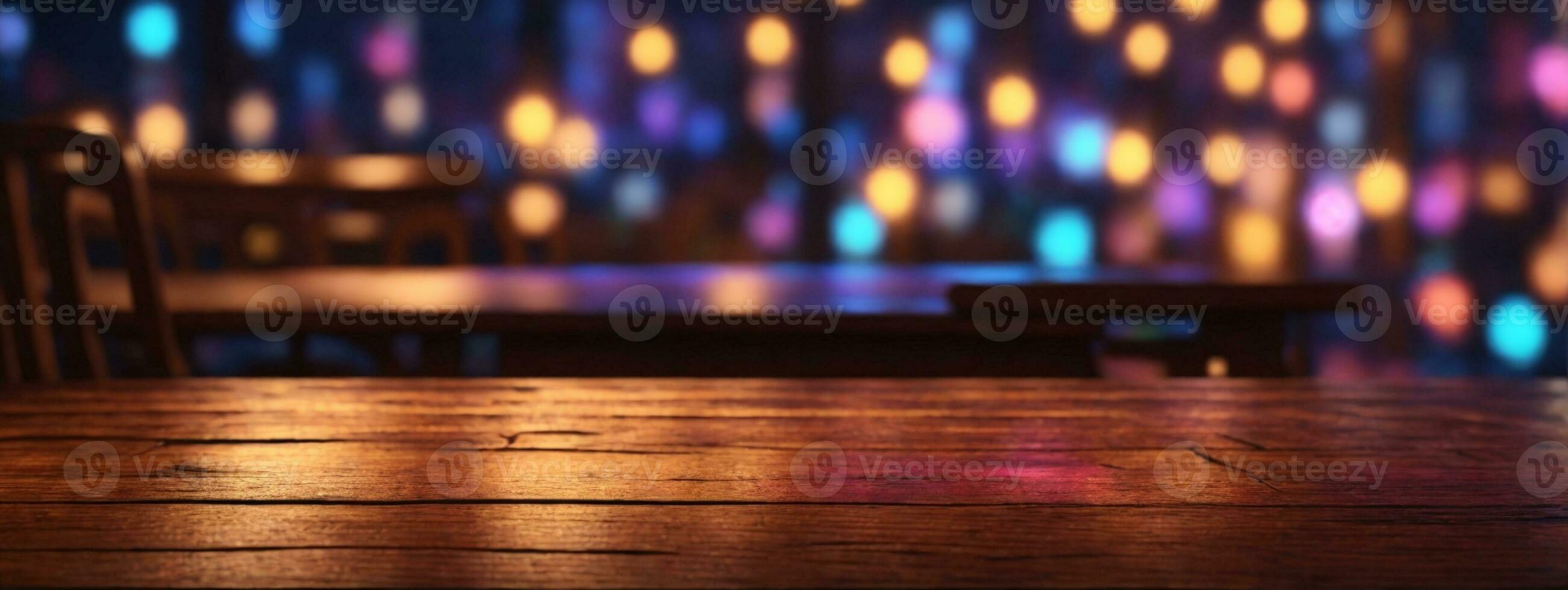 Wooden table, blurred bokeh background background. Neon light, night view, close-up. The general background of the interior, a dark background.. AI generated photo