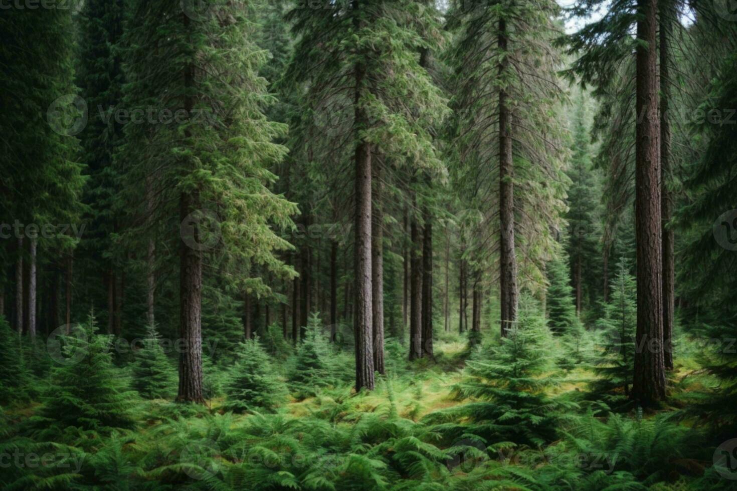 Healthy green trees in a forest of old spruce, fir and pine. AI generated photo