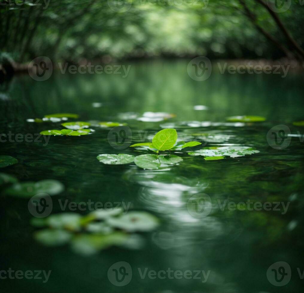 verde hojas reflejando en el agua, superficial enfocar. ai generado foto