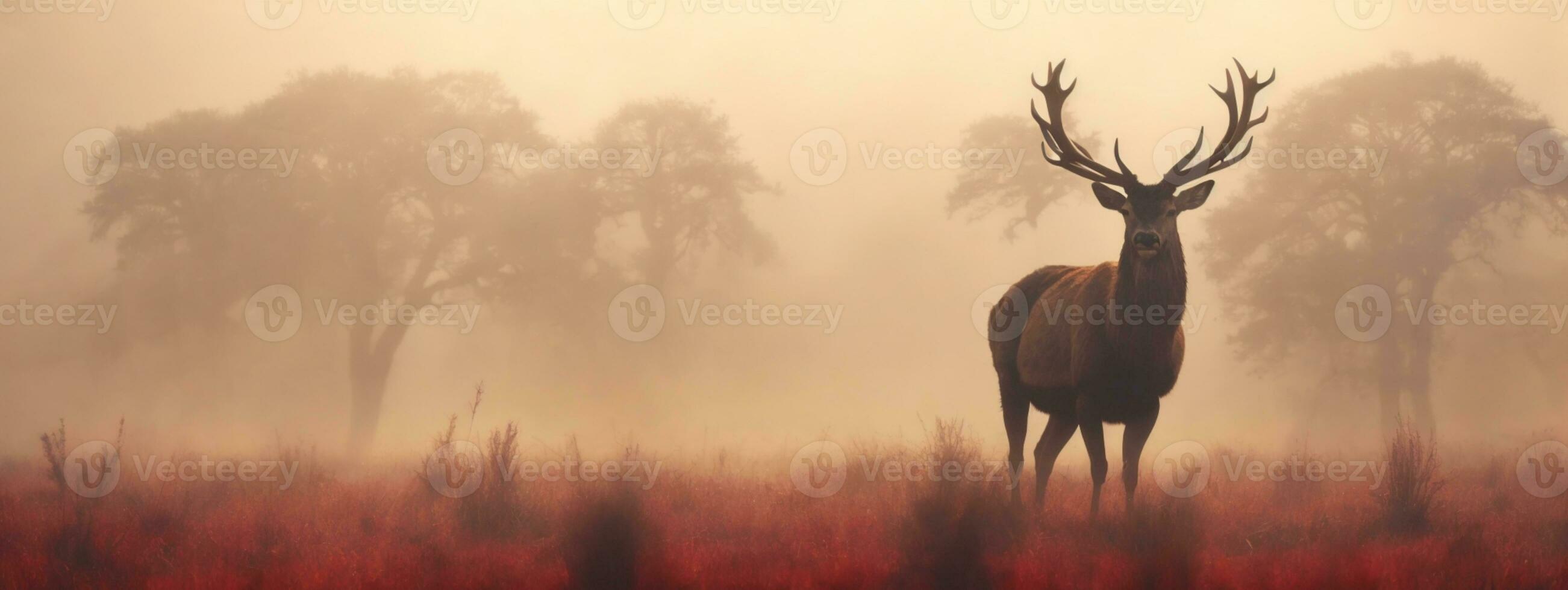 Red deer stag silhouette in the mist. AI generated photo