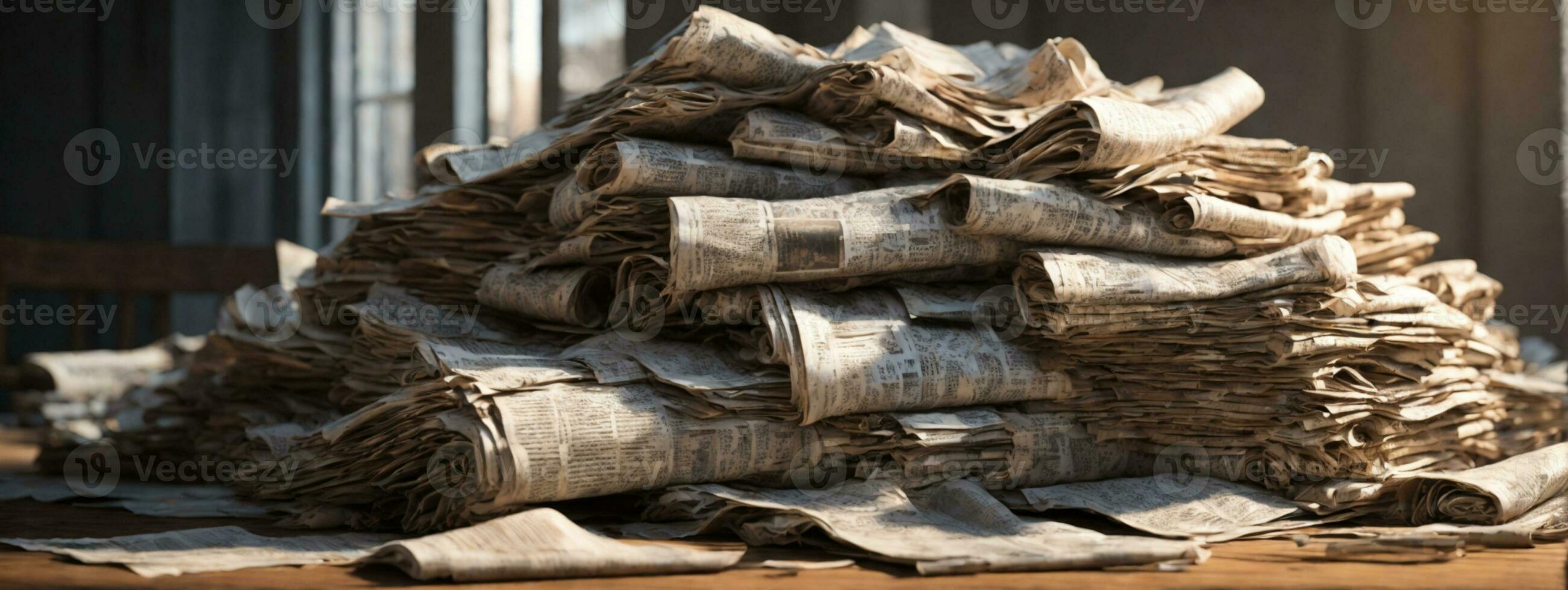 Pile of old newspapers, selective focus. AI generated photo