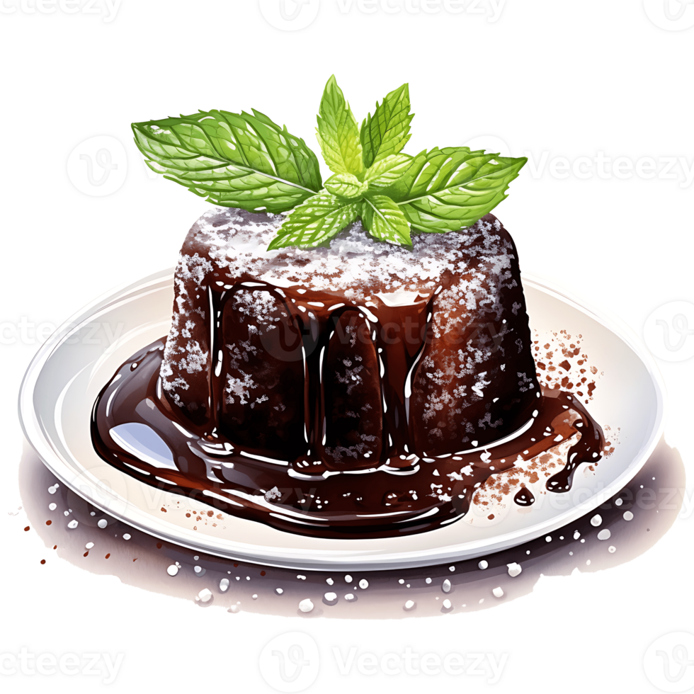 Chocolate lava cakes and mint leaf on a transparent background AI Generative png