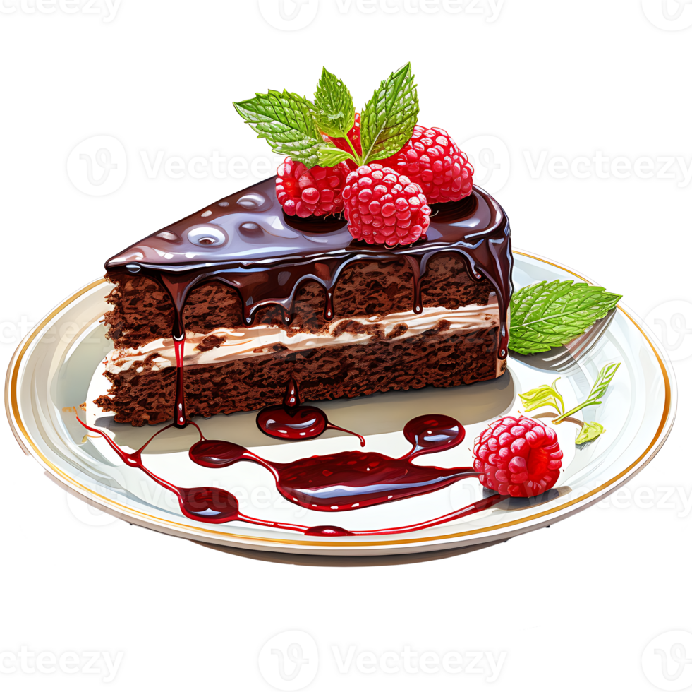 Chocolate cake with whipped cream and raspberries on a transparent background AI Generative png