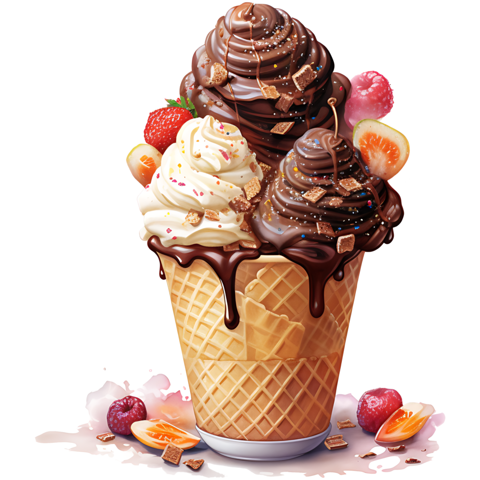 Ice cream in waffle cone watercolor sublimation on a transparent background AI Generative png