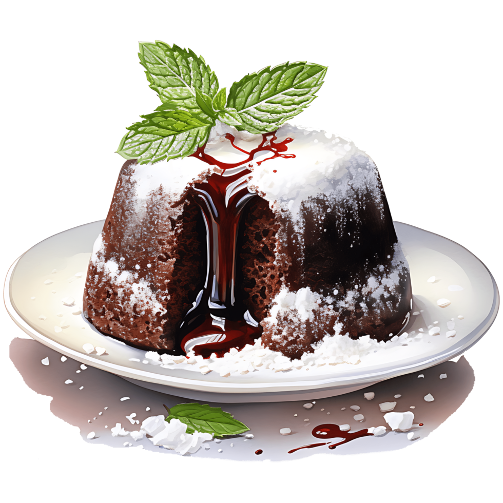 Chocolate lava cakes and mint leaf on a transparent background AI Generative png