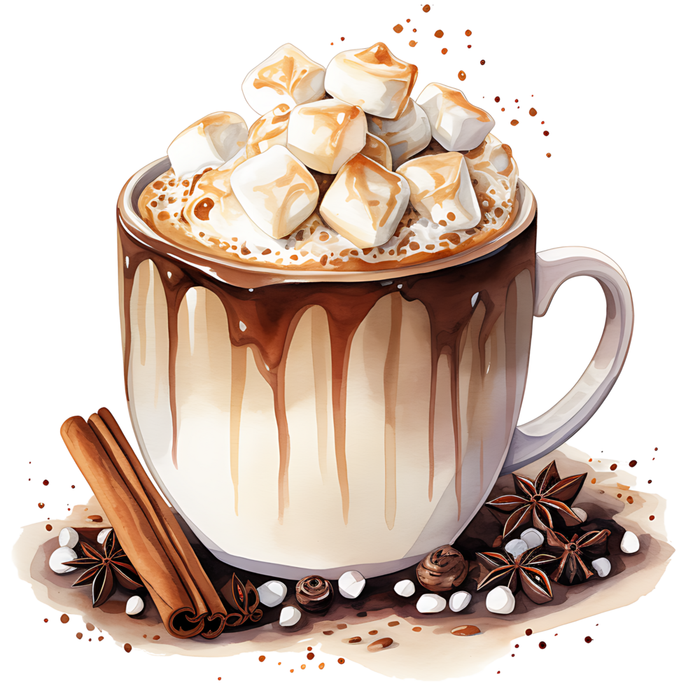 Cup of hot chocolate with marshmallows, cinnamon sticks on a transparent background AI Generative png