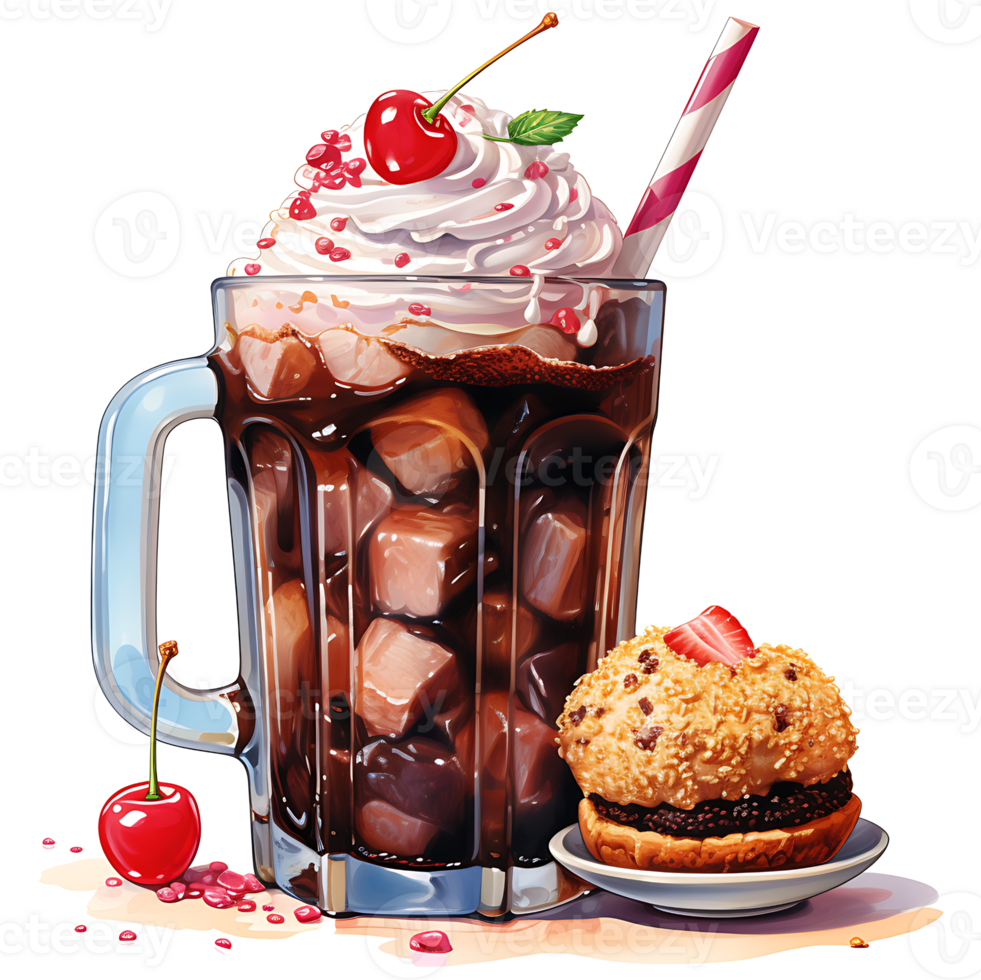 Chocolate milkshake with toppings on a transparent background AI Generative png