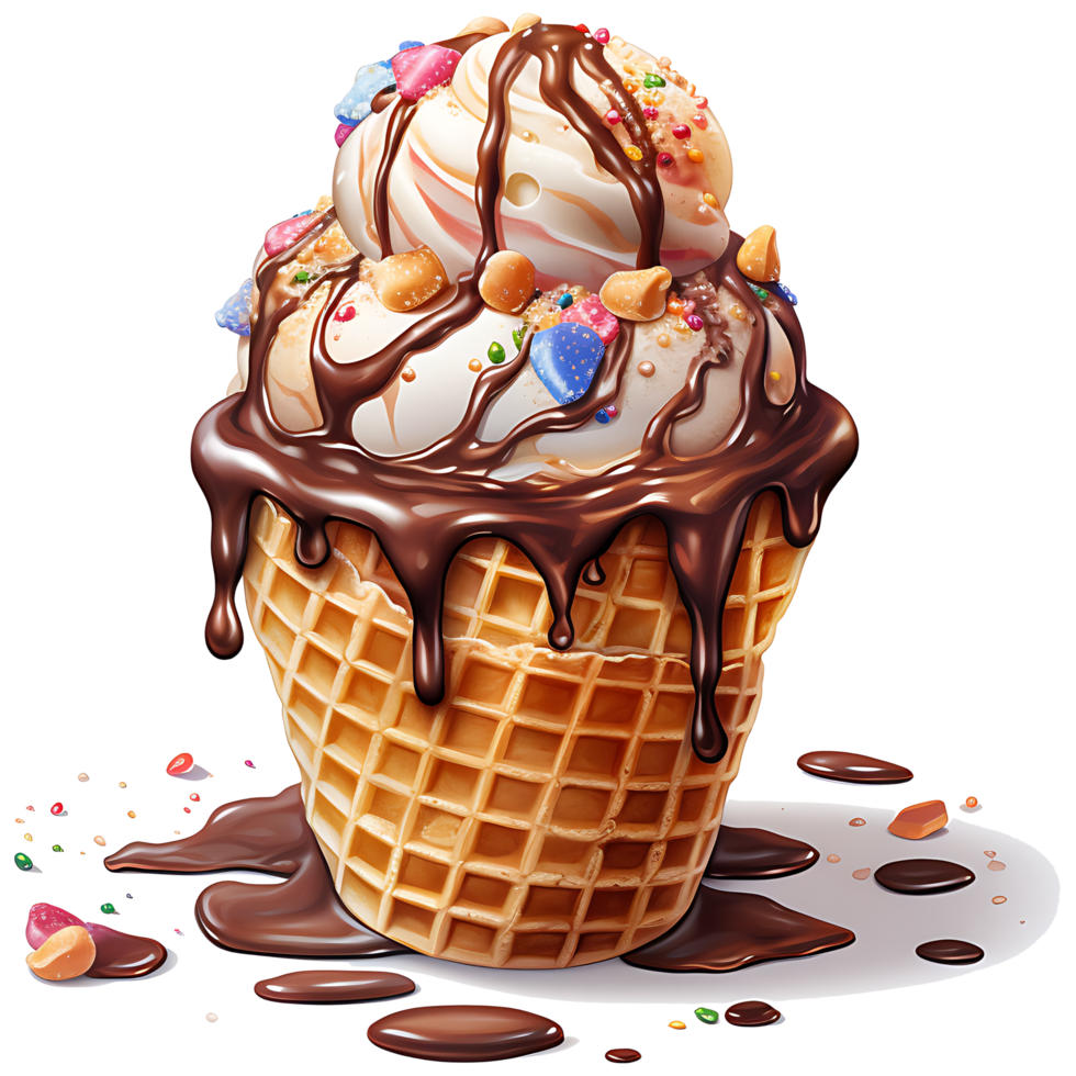 Ice cream in waffle cone watercolor sublimation on a transparent background AI Generative png