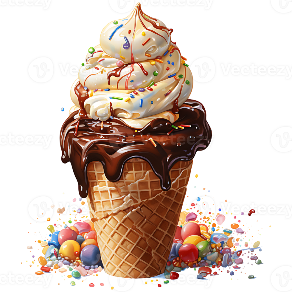 Ice cream in waffle cup with chocolate and cherry on a transparent background AI Generative png