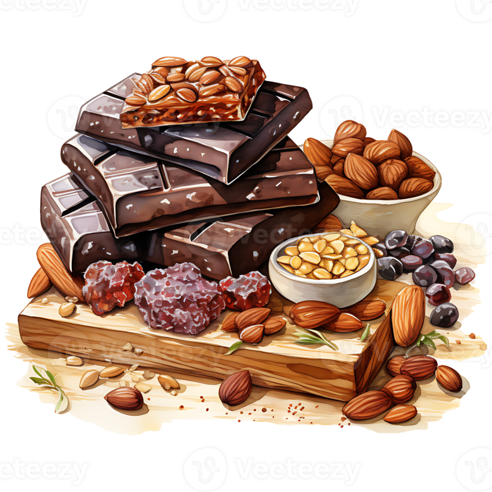 Chocolate bars with nuts and dried fruits on a transparent background AI Generative png