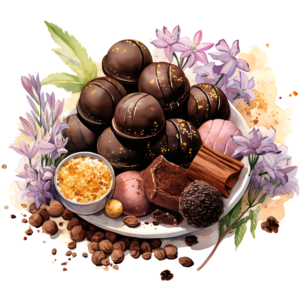 Velvety chocolate with spring flower on a transparent background AI Generative png