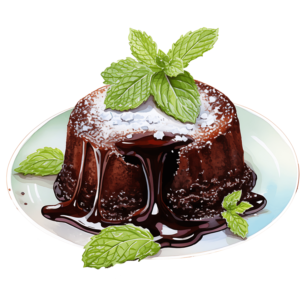Chocolate lava cakes and mint leaf on a transparent background AI Generative png