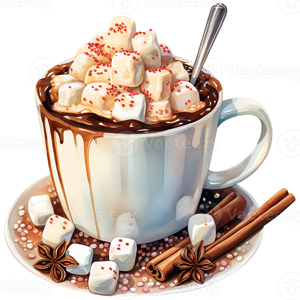 Cup of hot chocolate with marshmallows, cinnamon sticks on a transparent background AI Generative png