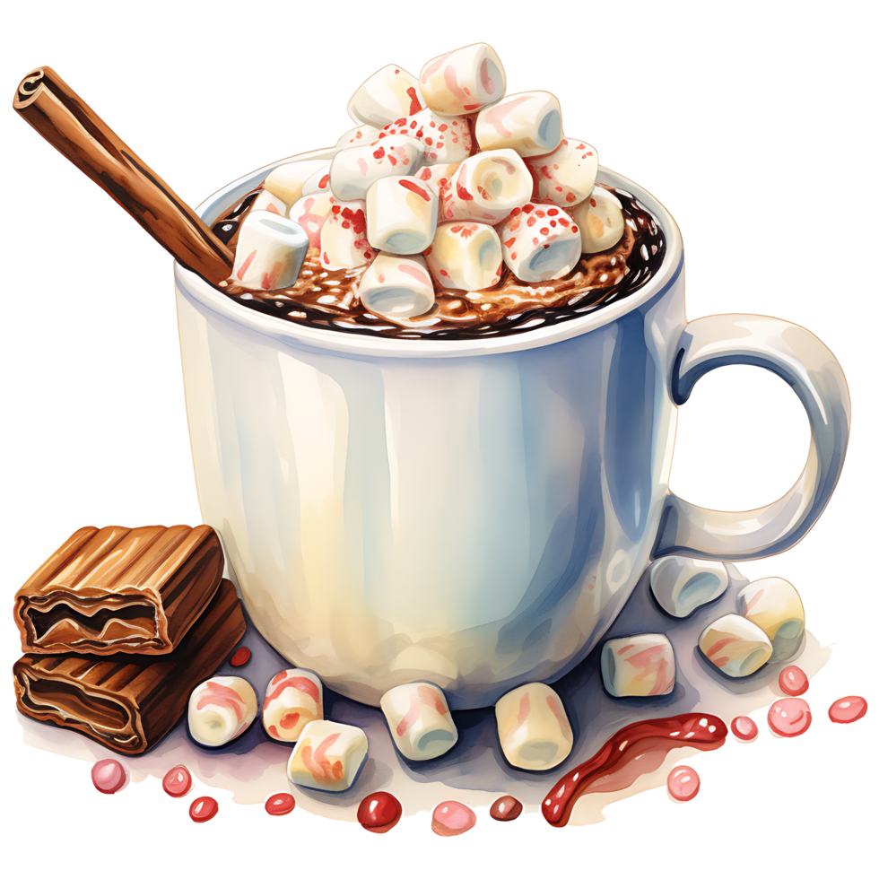 Cup of hot chocolate with marshmallows, cinnamon sticks on a transparent background AI Generative png