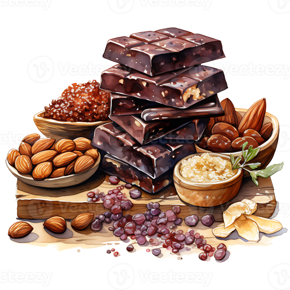 Chocolate bars with nuts and dried fruits on a transparent background AI Generative png