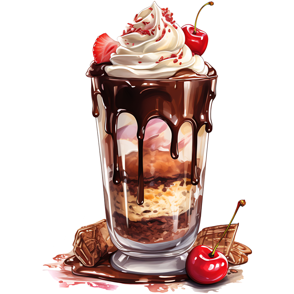 Chocolate milkshake with toppings on a transparent background AI Generative png