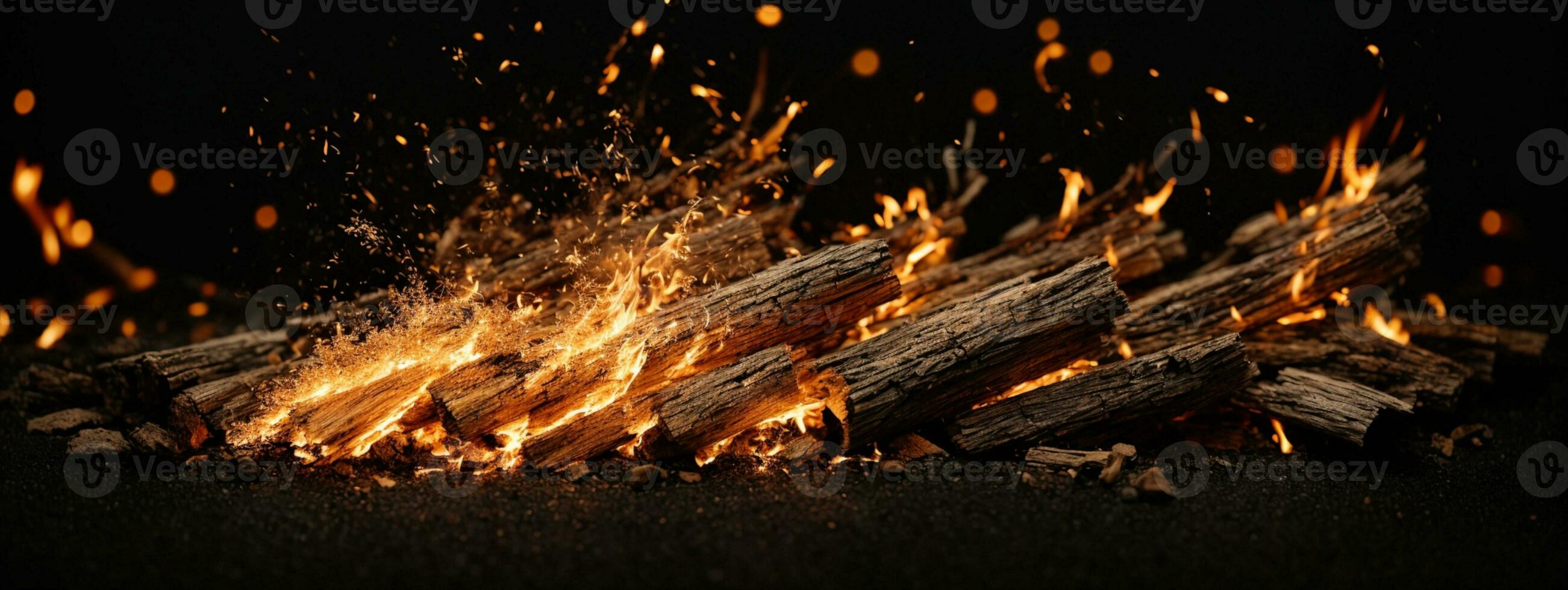 Detail of fire sparks isolated on black background. AI generated photo