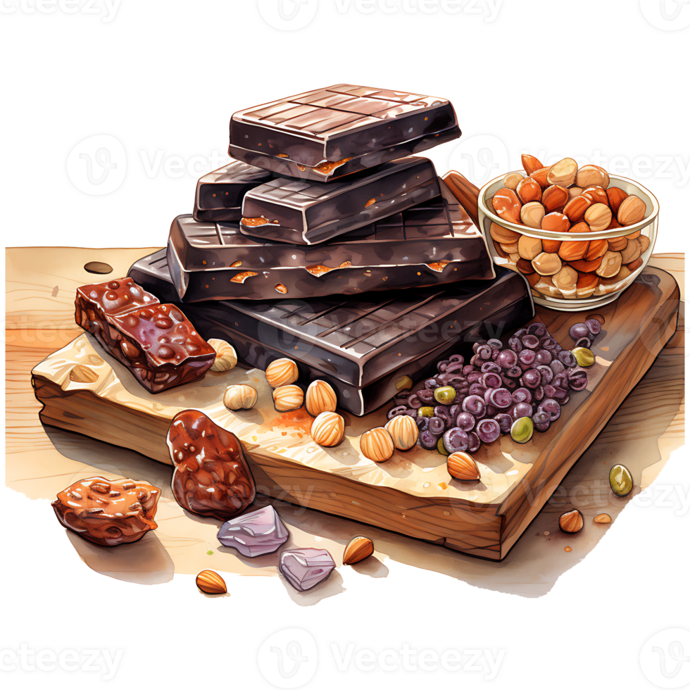 Chocolate bars with nuts and dried fruits on a transparent background AI Generative png