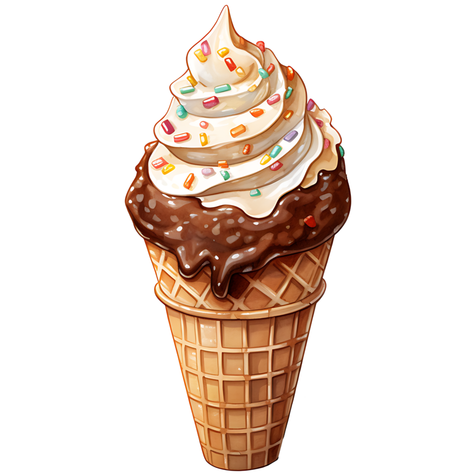 Ice cream in waffle cup with chocolate and cherry on a transparent background AI Generative png