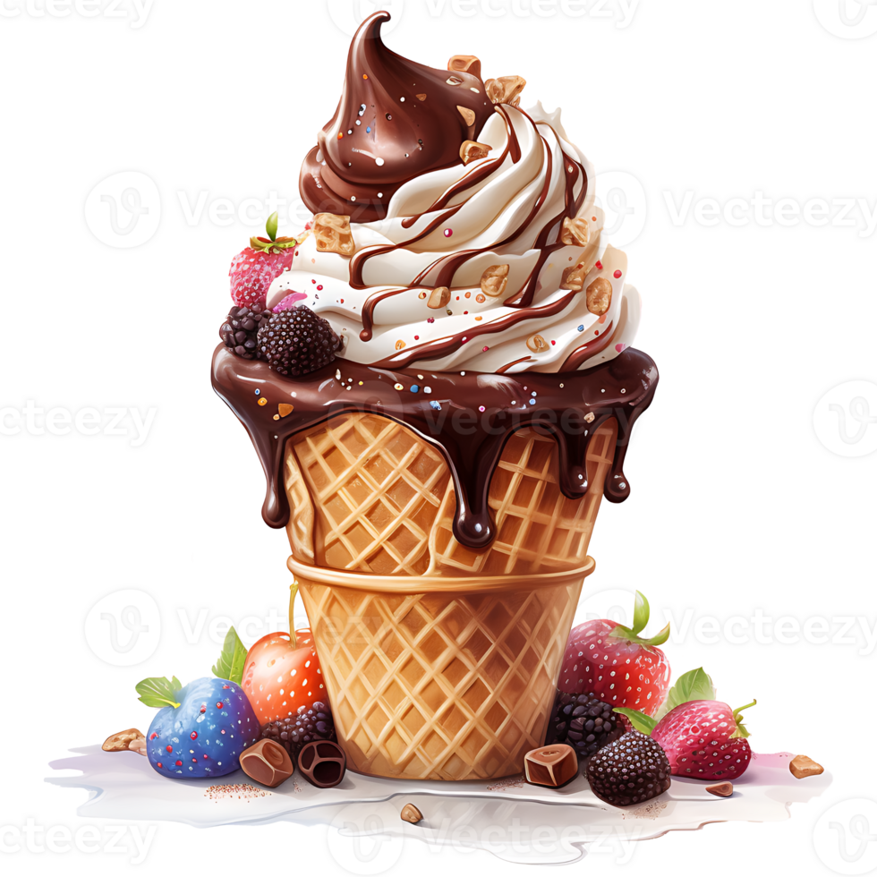 Ice cream in waffle cone watercolor sublimation on a transparent background AI Generative png