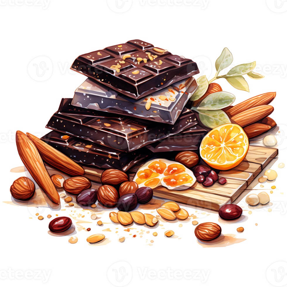 Chocolate bars with nuts and dried fruits on a transparent background AI Generative png