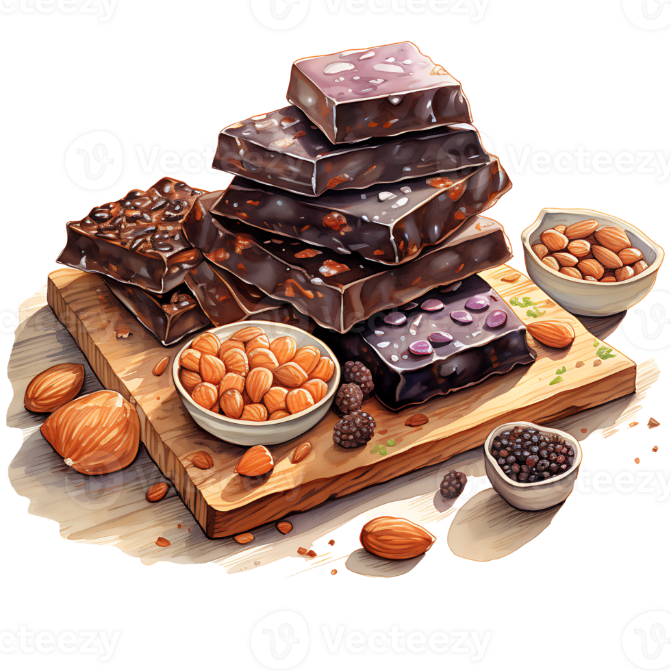 Chocolate bars with nuts and dried fruits on a transparent background AI Generative png
