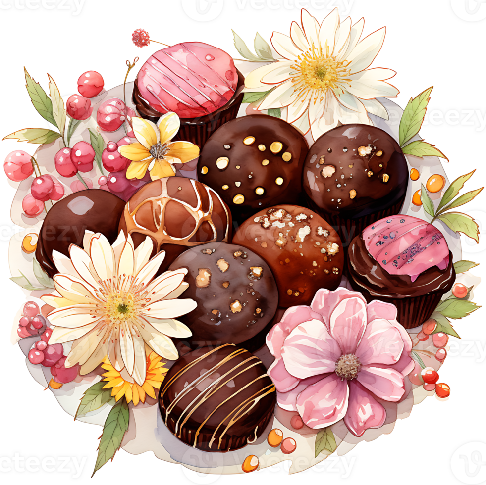 Velvety chocolate with spring flower on a transparent background AI Generative png