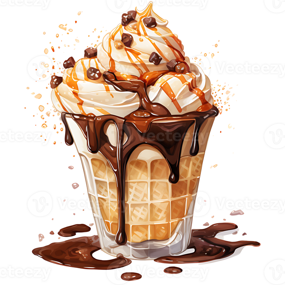 Ice cream in waffle cup with chocolate and cherry on a transparent background AI Generative png