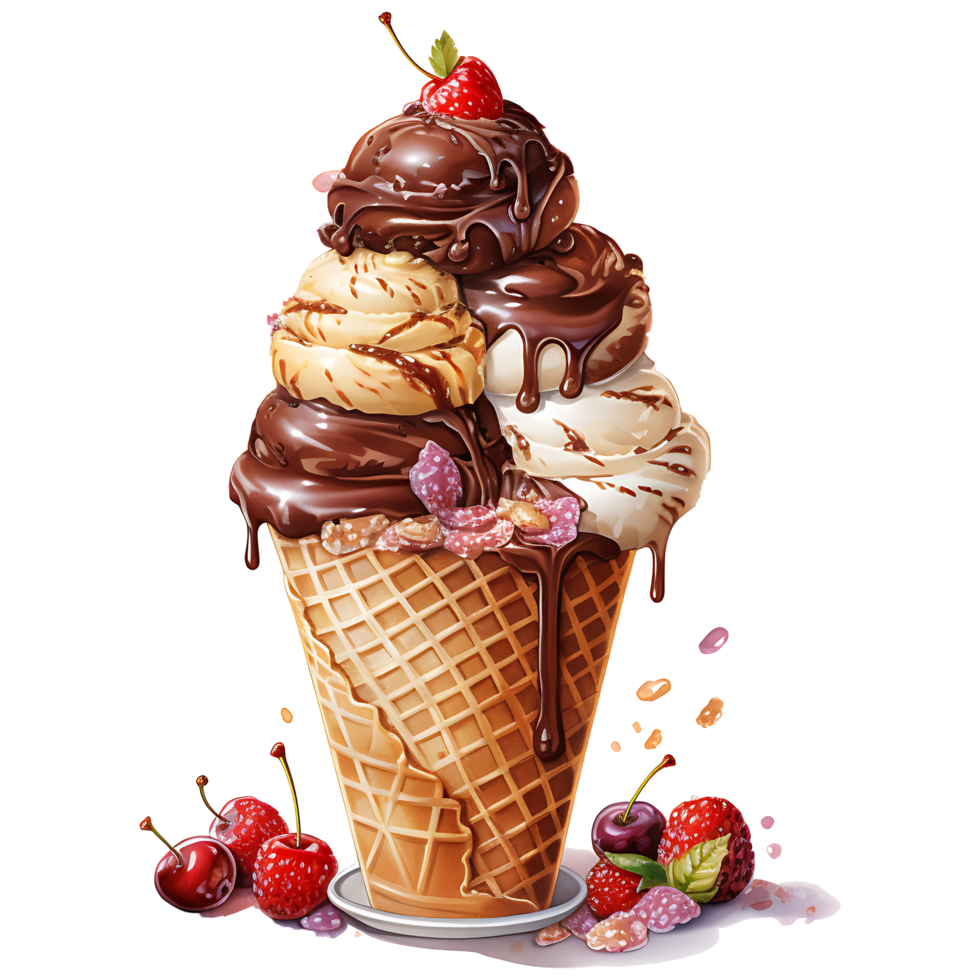 Ice cream in waffle cup with chocolate and cherry on a transparent background AI Generative png