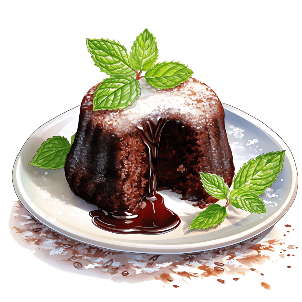 Chocolate lava cakes and mint leaf on a transparent background AI Generative png