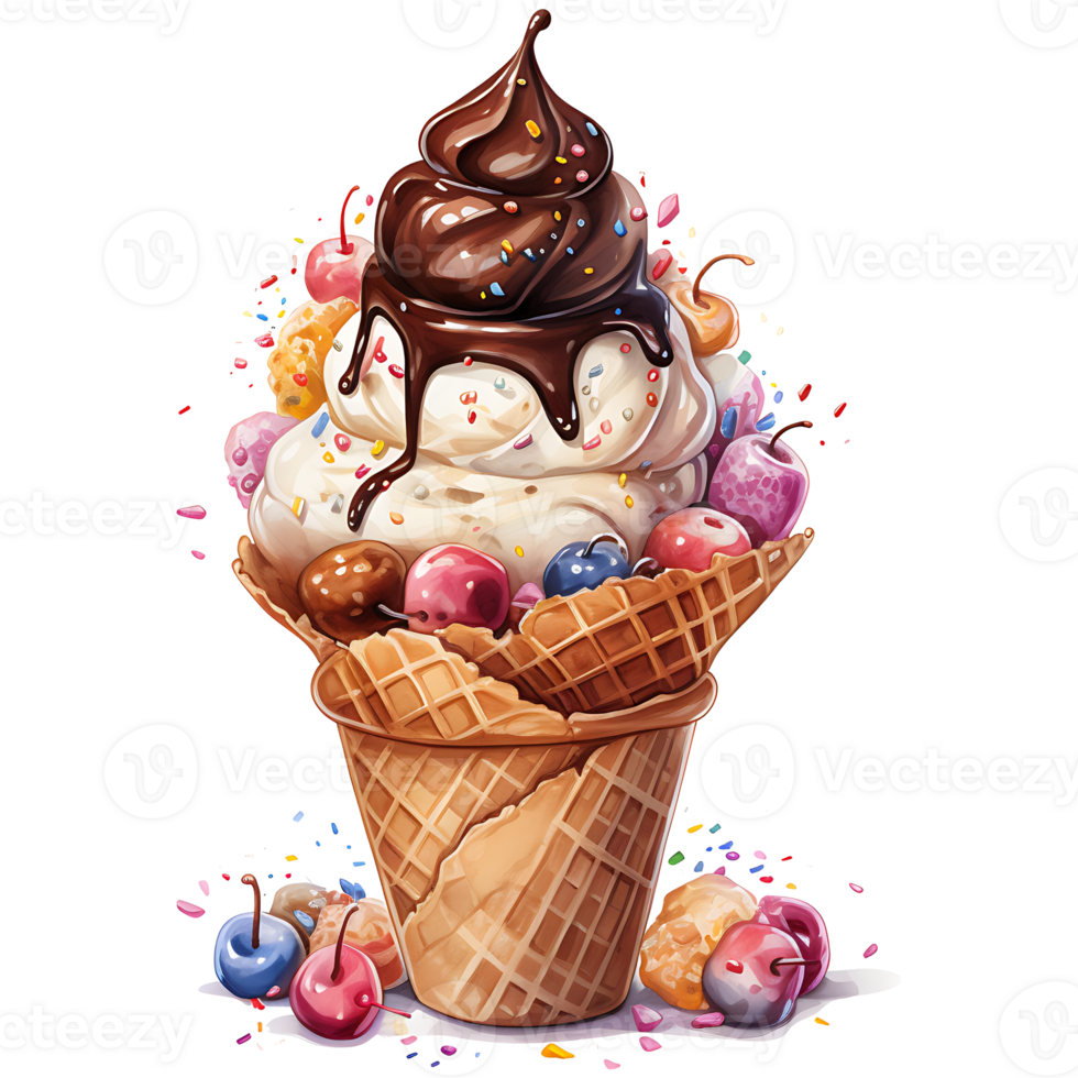 Ice cream in waffle cone watercolor sublimation on a transparent background AI Generative png