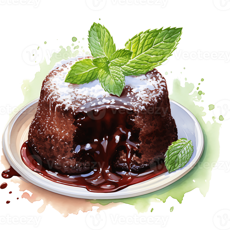 Chocolate lava cakes and mint leaf on a transparent background AI Generative png