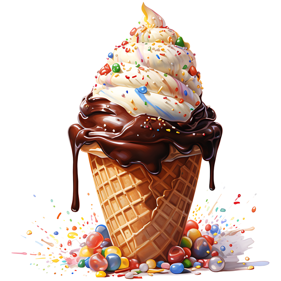 Ice cream in waffle cup with chocolate and cherry on a transparent background AI Generative png