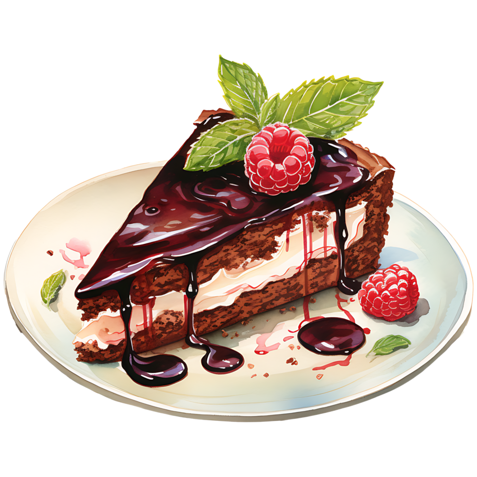 Chocolate cake with whipped cream and raspberries on a transparent background AI Generative png