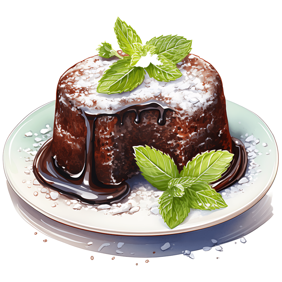 Chocolate lava cakes and mint leaf on a transparent background AI Generative png