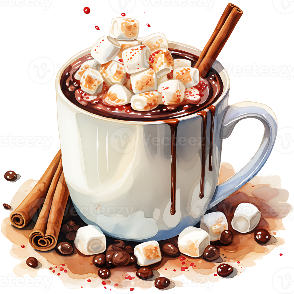 Cup of hot chocolate with marshmallows, cinnamon sticks on a transparent background AI Generative png