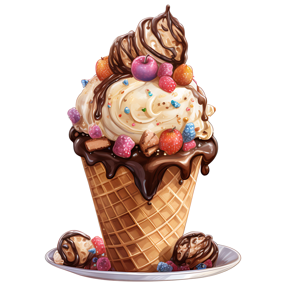 Ice cream in waffle cone watercolor sublimation on a transparent background AI Generative png