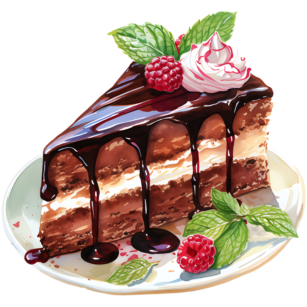 Chocolate cake with whipped cream and raspberries on a transparent background AI Generative png