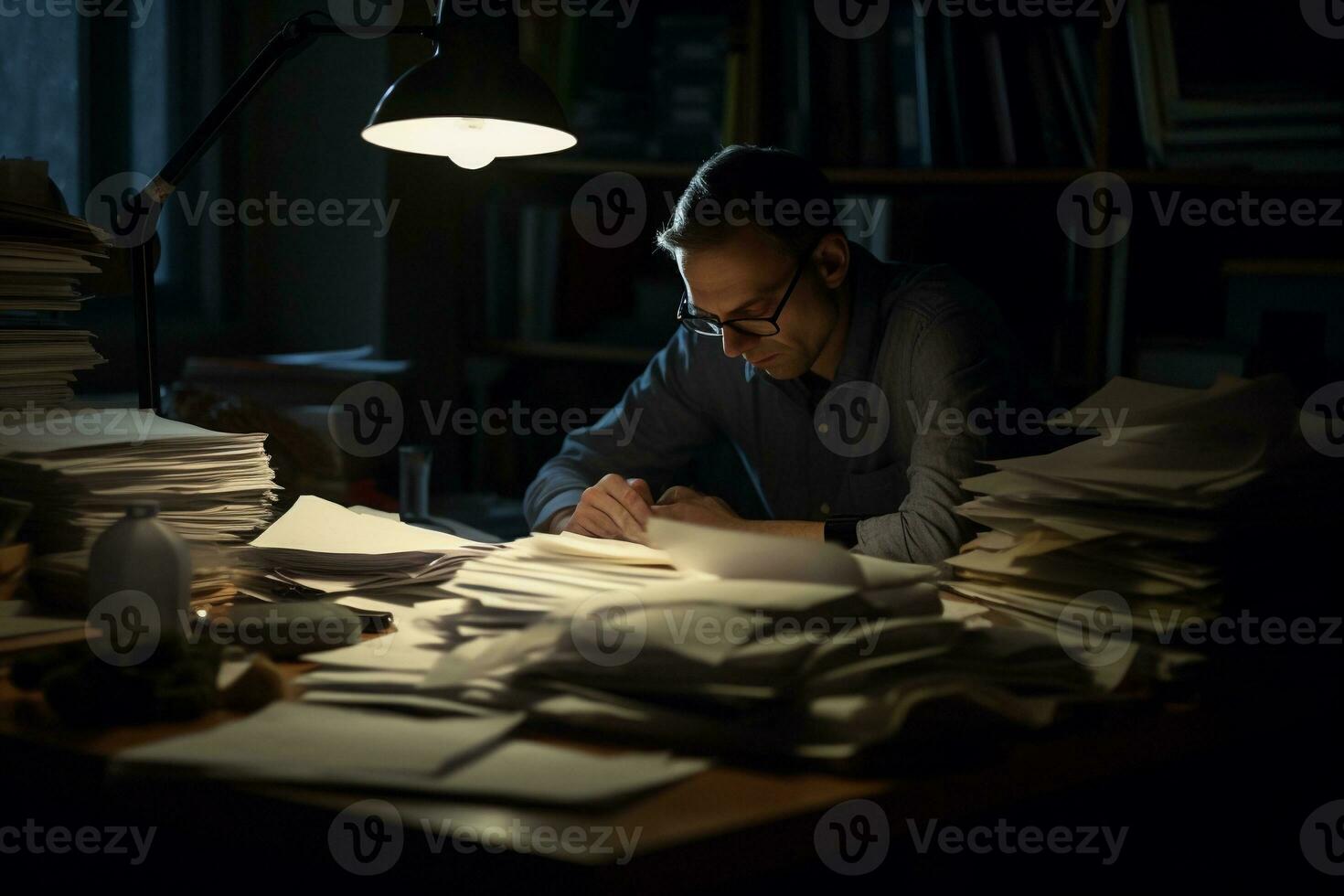 Tired man working at a desktop at night. Overtime, overwork, overnight work concept. AI generated. photo