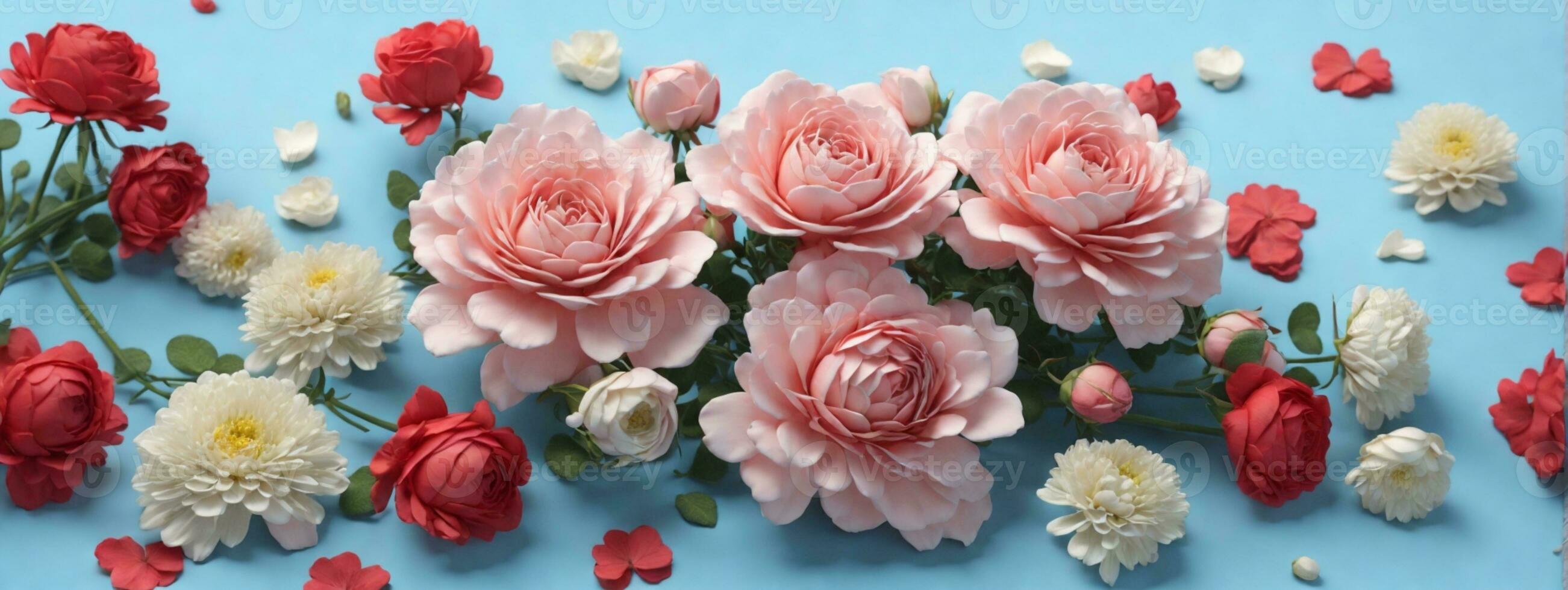 Flowers composition. Rose flowers on blue background. Valentines day, mothers day, womens day concept. Flat lay, top view, copy space. AI generated photo
