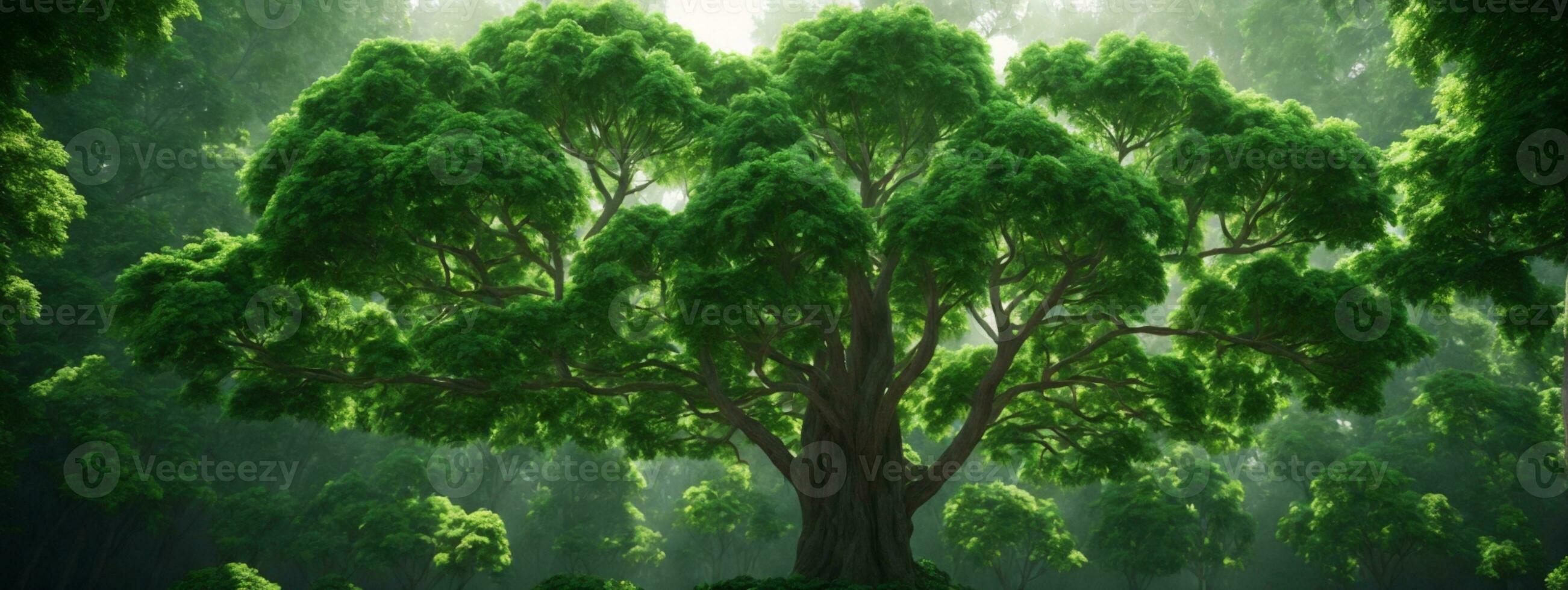 Looking up at the green tops of trees.. AI generated photo