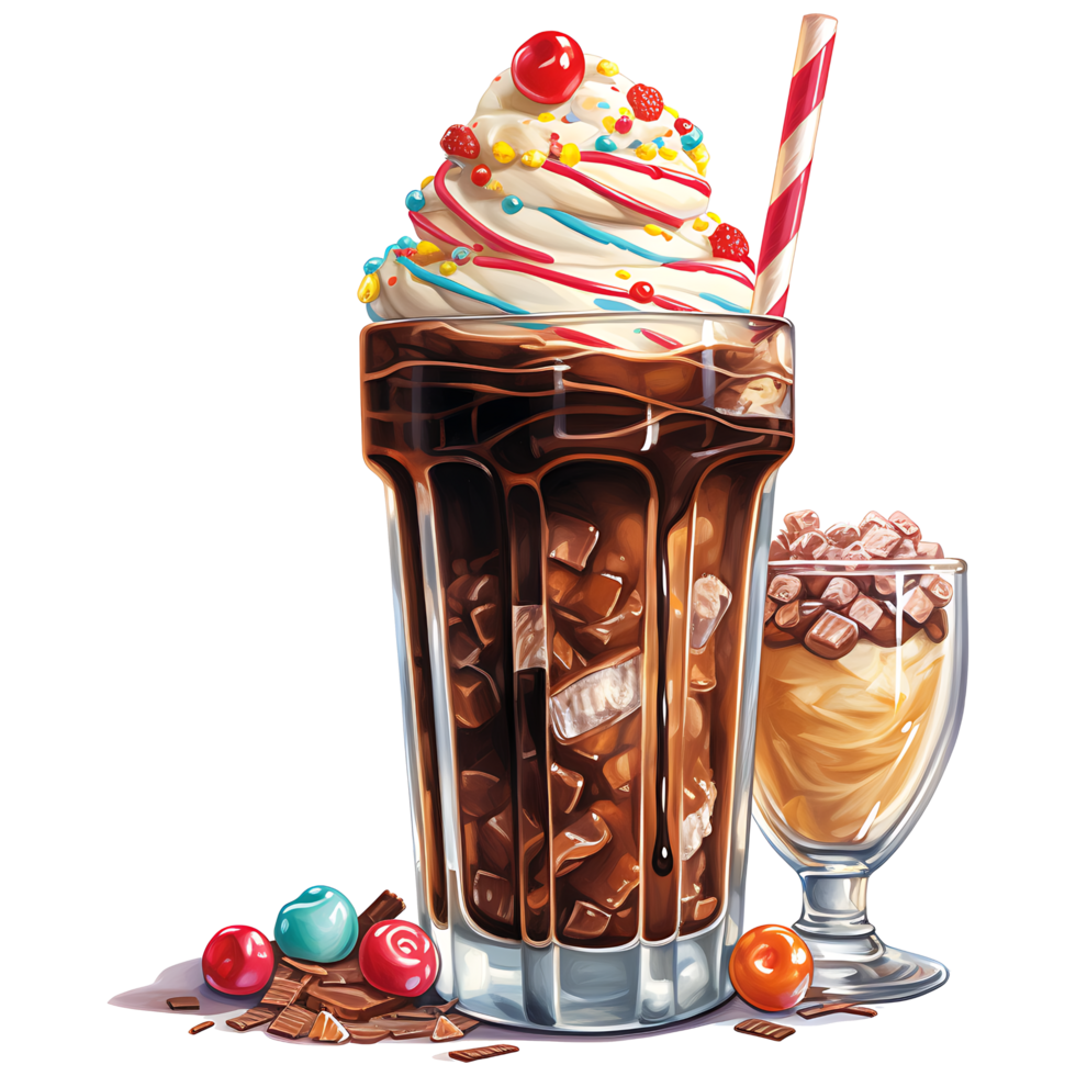 Chocolat Milk-shake avec garnitures sur une transparent Contexte ai génératif png