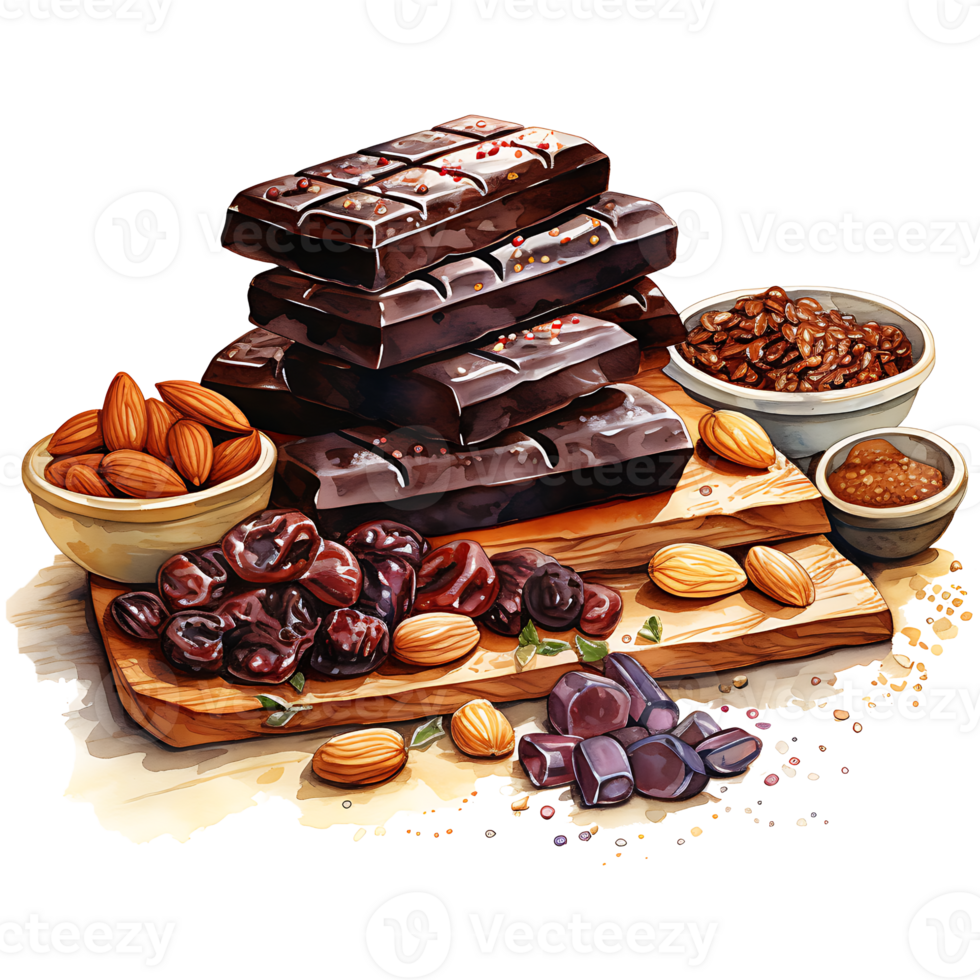 Chocolate bars with nuts and dried fruits on a transparent background AI Generative png