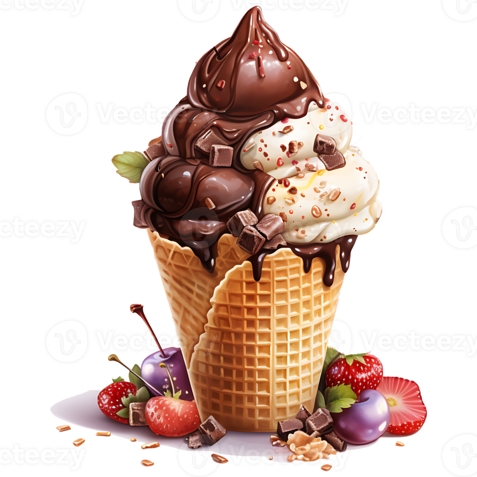 Ice cream in waffle cone watercolor sublimation on a transparent background AI Generative png