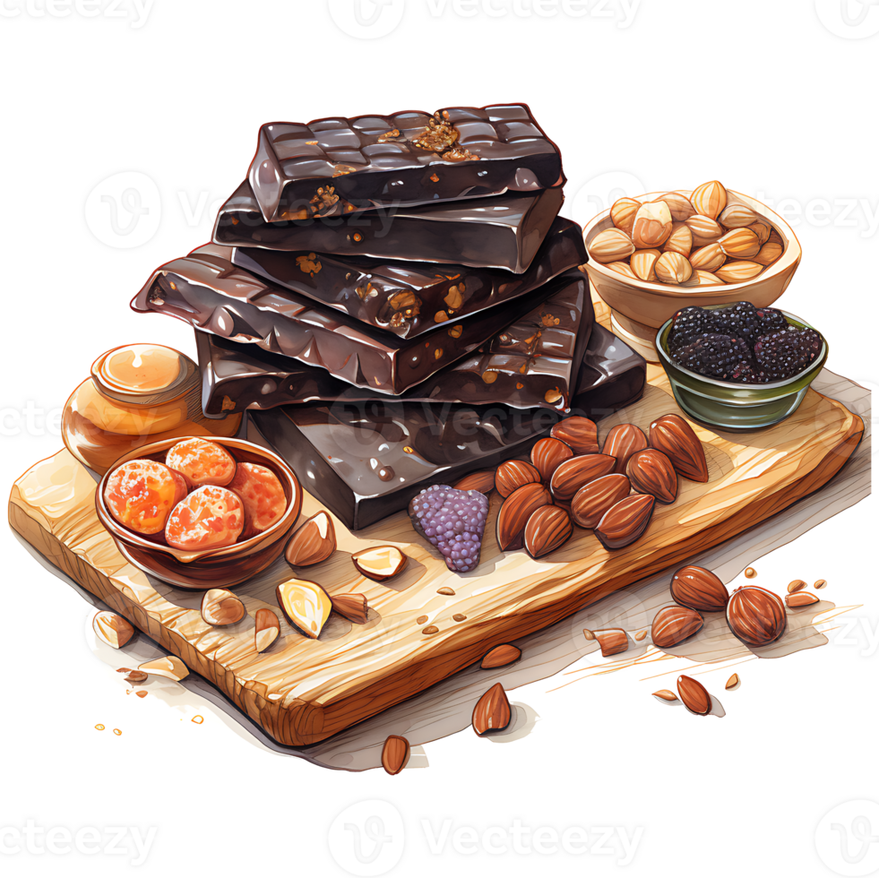 Chocolate bars with nuts and dried fruits on a transparent background AI Generative png