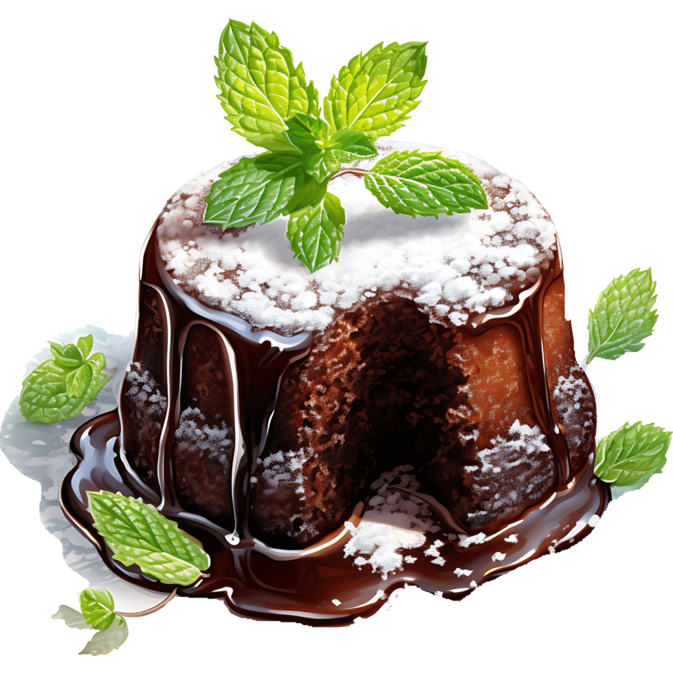 chocolate lava bolos e hortelã folha em uma transparente fundo ai generativo png