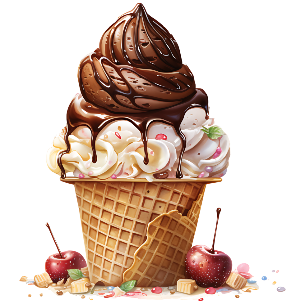 Ice cream in waffle cone watercolor sublimation on a transparent background AI Generative png