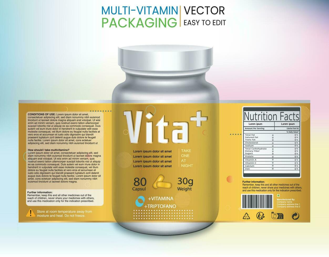 Multivitamin Label Packaging, Vitamin pack, Supplement labels, Vector bottle, Bottle label, Nutrition Supplement Label, Packaging template design, free vector label, Medicine pack
