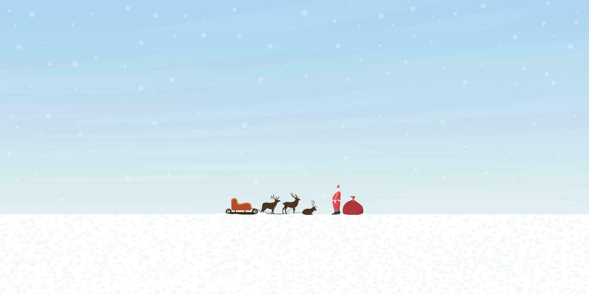 Santa Clause with his reindeers and sleigh before start working in Christmas day flat design vector illustration. Merry Christmas and Happy New Year greeting card.